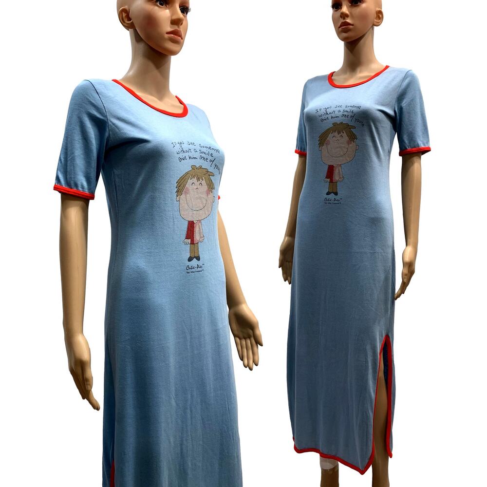 70s Long Blue T Shirt Nightgown Nightie w Cute Cartoon | XS/S - Picture 9 of 11